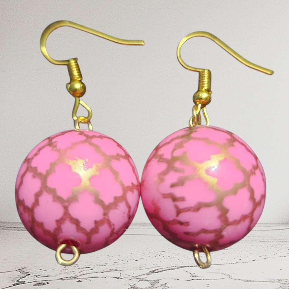 ⭐Pink & Gold Lattice Style Gumball 20mm 1" Dangle Earrings, Handmade Brand New